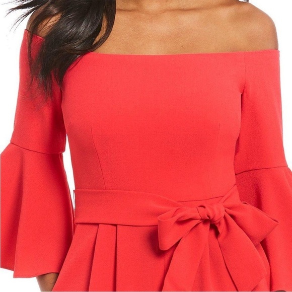 NWT Eliza J Red Off-the-shoulder Bell Sleeve Tie Waist Jumpsuit Sz 6 - Picture 2 of 16